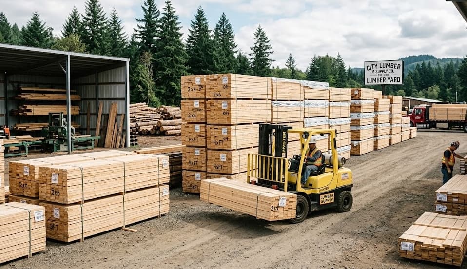 New York Lumber yard with stacked reclaimed lumber and forklift operations