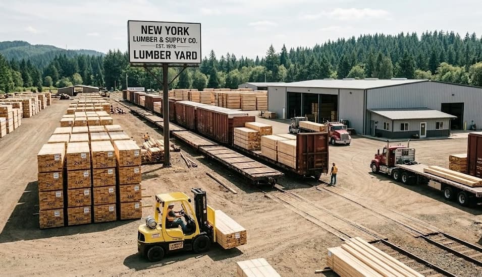 Aerial view of New York Lumber facility with rail cars and warehouse