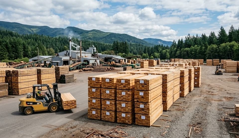 Panoramic view of lumber inventory with mountain backdrop